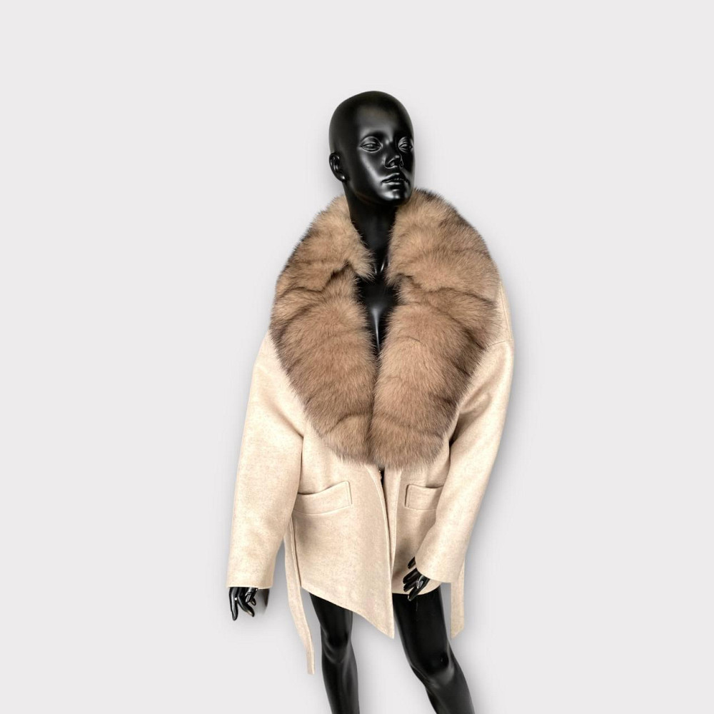 Женское пальто с меховым воротником Бежевый 2, 42 Харьков - изображение 2