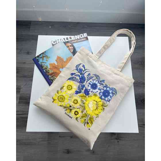 Екошопер BookOpt BK4004 Петриківський розпис Синьо-жовті квіти бежевий Киев