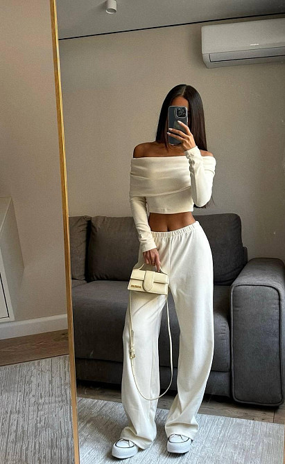 Жіночий затишний базовий костюм-двійка: топ і штани турецька ангора рубчик з в'язкою Молочний, 46/48 Одеса - фото 1