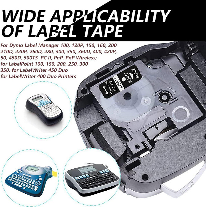 A45013 Запасна стрічка для етикеток Dymo D1 білий на чорном 12mmx7м для Dymo LabelManager 100 150 160 250 280 210D 360D 260P 420P Дніпро - фото 4
