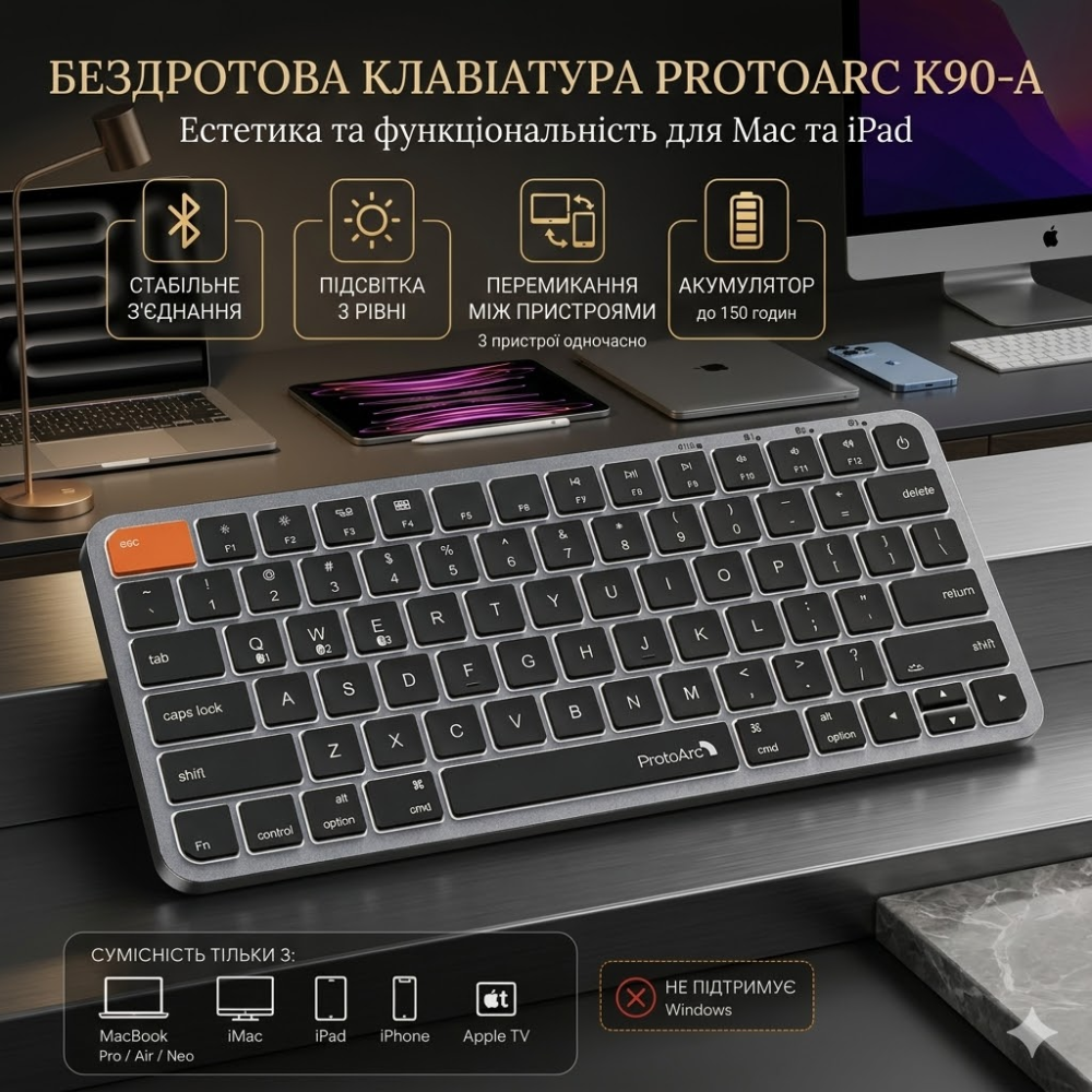 Бездротова Bluetooth клавіатура ProtoArc K90-A для Mac/iPad: підсвічування, металевий корпус, Multi-device, Space Gray Київ - фото 1