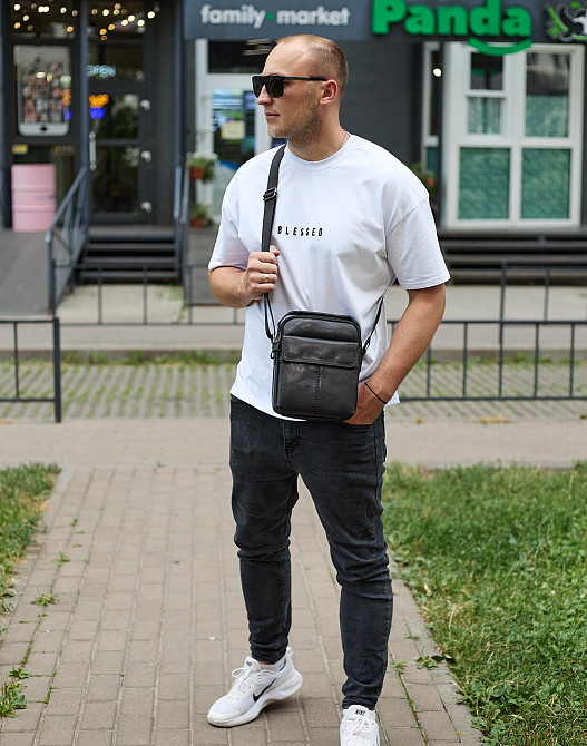 Сумка-барсетка мужская через плечо кожаная гладкая черная Tiding Bag TD-86573 Киев - изображение 10