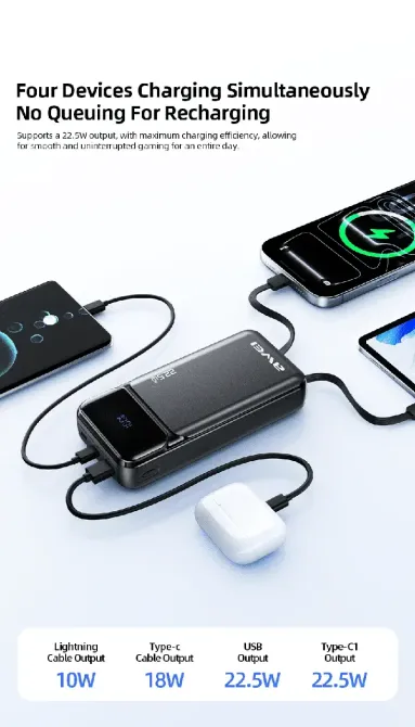 Зовнішній акумулятор Power Bank AWEI PA-93 20000 мАг 22.5W QC3.0 PD дисплей швидка зарядка LED індикатор Одеса - фото 8
