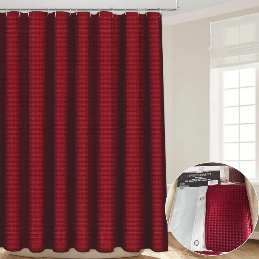 Набір шторка для ванної та душу з підкладкою, подвійна 178x183 см, штора для ванної з гачками, візерунок бордовий Кам'янець-Подільський - фото 1