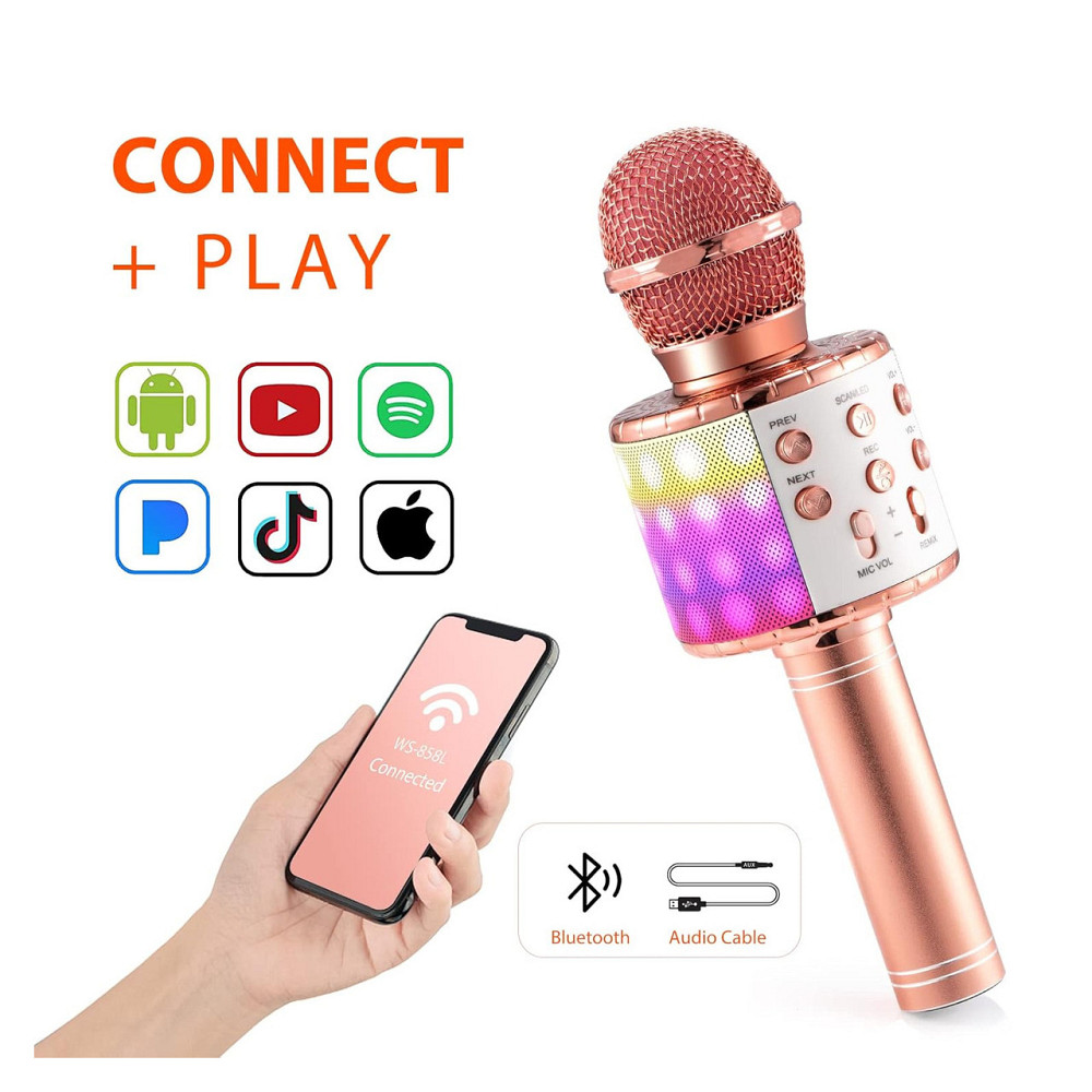 Мікрофон караоке Bluetooth бездротовий Fede WS-858L рожеве золото LED запис 5W 1800mAh 5-10год 3.5 мм TF Київ - фото 4