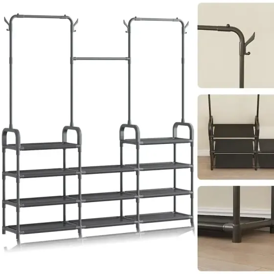 Стойка-вешалка для одежды и обуви Model1BLACK — 164×137×26см, 11полок, 4крючка, напольная, нержавеющая сталь Коломыя