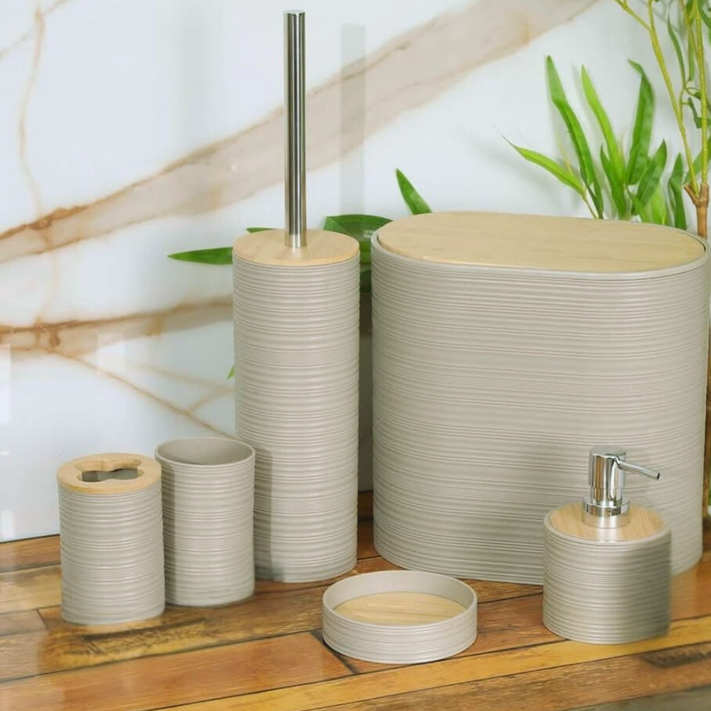 Набор аксессуаров 6в1 для ванной комнаты и душа, урна,дозатор для мыла, мыльница, стаканы,ёршик бежевый Каменец-Подольский - изображение 5