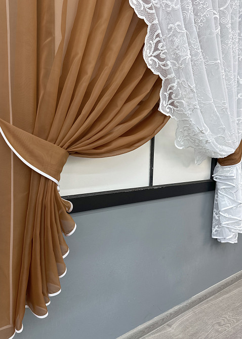 Кухонні шторки VR-Textil № 101к з підв'язками коричневий з білим 330х170 см (52-1197) Київ - фото 5