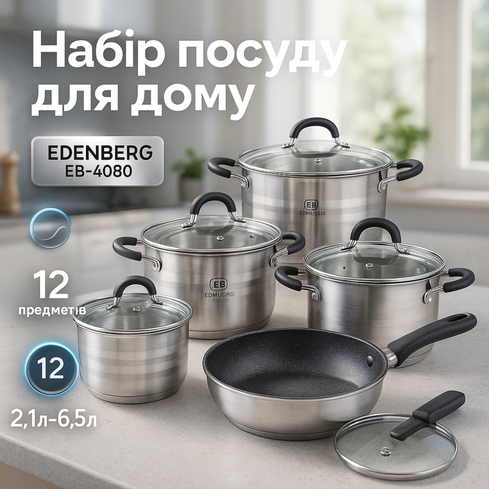 Набор посуды с крышками Edenberg EB-4080 из нержавеющей стали 12 предметов 2.1л-6.5л RF-41 Львов - изображение 16