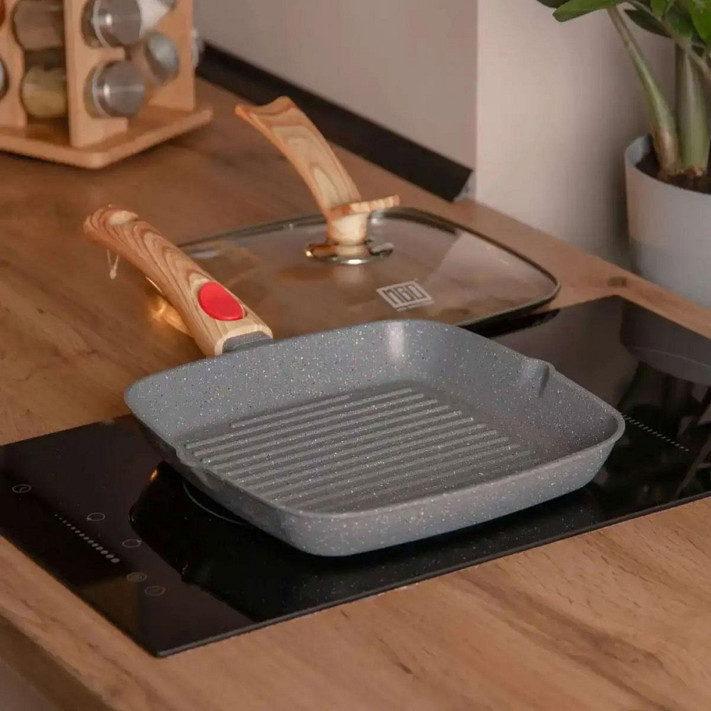 Алюмінієва сковорода-гриль 24 см зі скляною кришкою Квадрат сірий MGC HP-4-461G Київ - фото 3