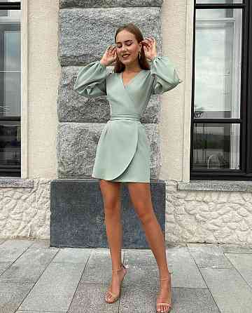 Женское романтичное мини платье на запах костюмка Фисташковый Одесса