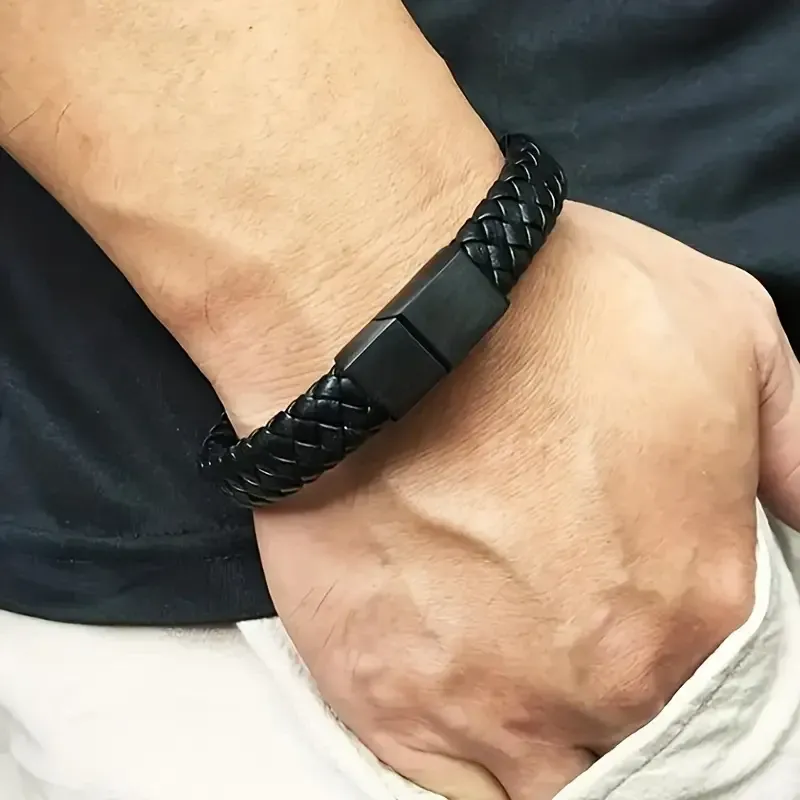 Чоловічий шкіряний браслет – чорний плетений із магнітною застібкою, 22 см Київ - фото 4