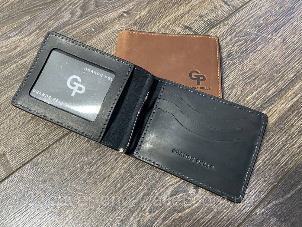 Стильний шкіряний затискач для грошей та карток ручної роботи чорного кольору Grande Pelle Київ - фото 3