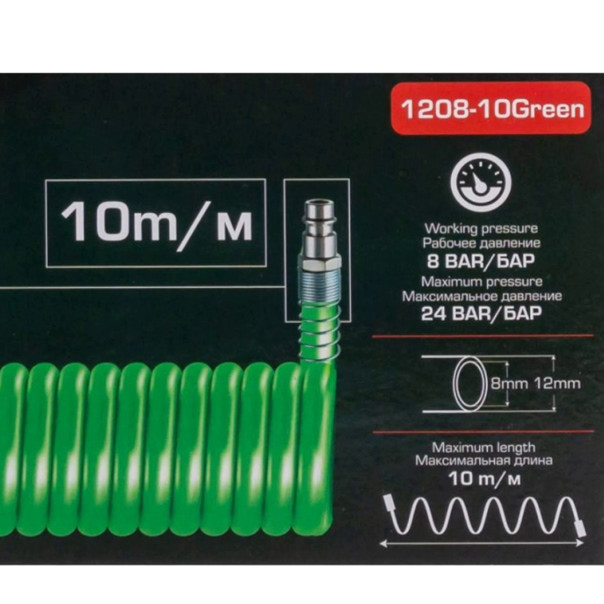 Шланг спіральний ПОВІТРЯНИЙ поліуретан 12х8,0 мм (зелен.) зі швидкозніманням 10м Rock FORCE Мукачево - фото 2