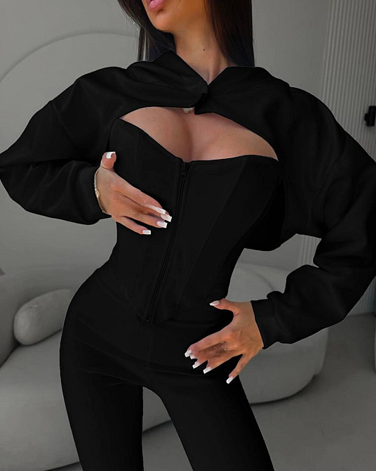 Женский стильный костюм тройка: кофта, корсет и лосины замш на дайвинге Черный, 42/44 Одесса - изображение 3