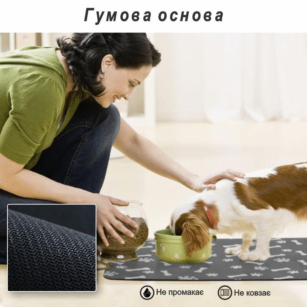 Антискользящий Поглощающий Быстросохнущий Коврик под миски для домашних животных Косточки 30 х 45 см Черный Буча - изображение 6
