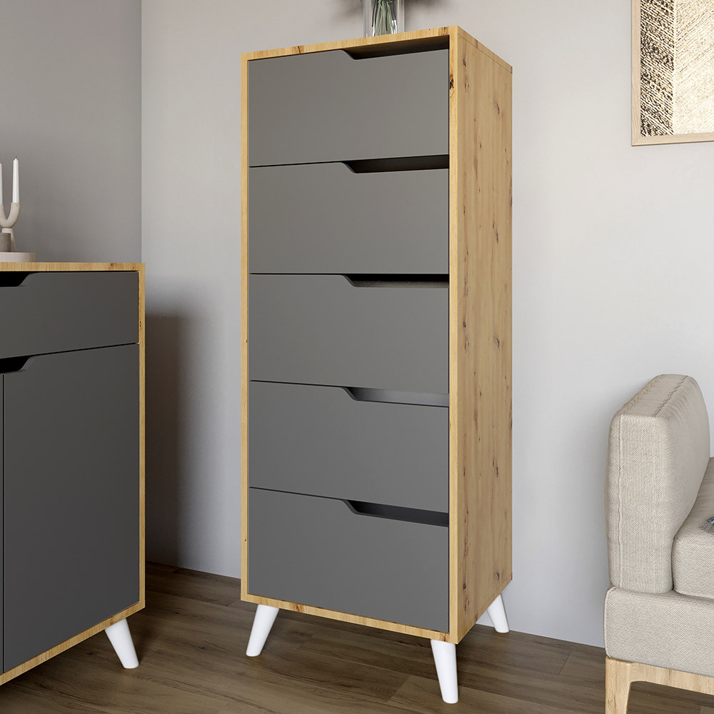 Комод высокий с белыми ножками 5 ящиков М-ЗОН Борн 500 Дуб Артизан/Антрацит (MZN-031100) Львов - изображение 1