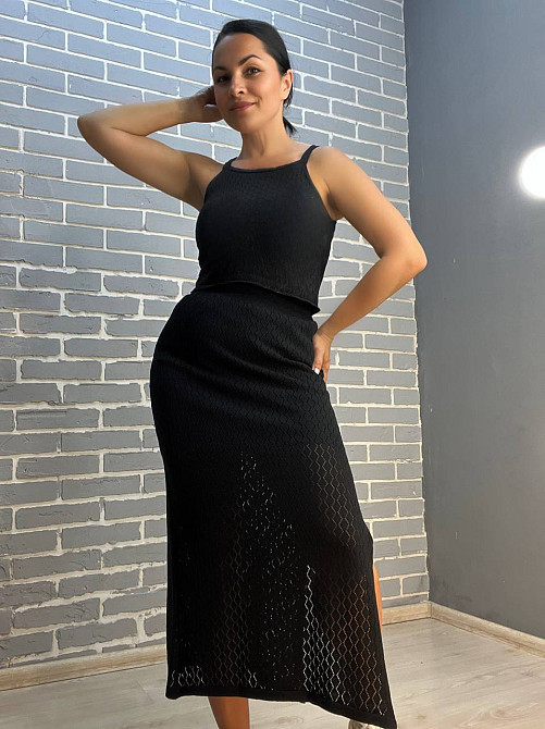 Костюм жіночий MINTAS 2468 спідниця з розрізом довга прозора з майкою ажурна в'язка one size чорний, чорний, one size Київ - фото 7