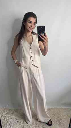 Лляний костюм-трійка в класичному стилі Пудровий XS-S Харків