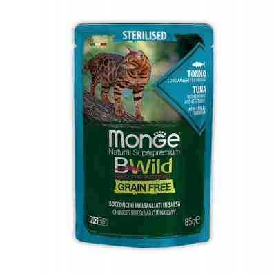 Влажный корм для кошек Monge BWild Cat Free Wet Sterilized тунец с креветками 85 г (8009470012799) Винница