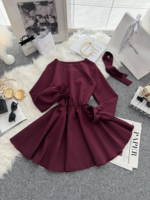 Жіноче романтичне мініплаття з поясом креп костюмка Марсала, 46/48 Одеса - фото 3