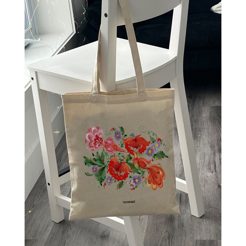 Екошопер BookOpt BK4002 Петриківський розпис Червоні квіти бежевий Київ - фото 5