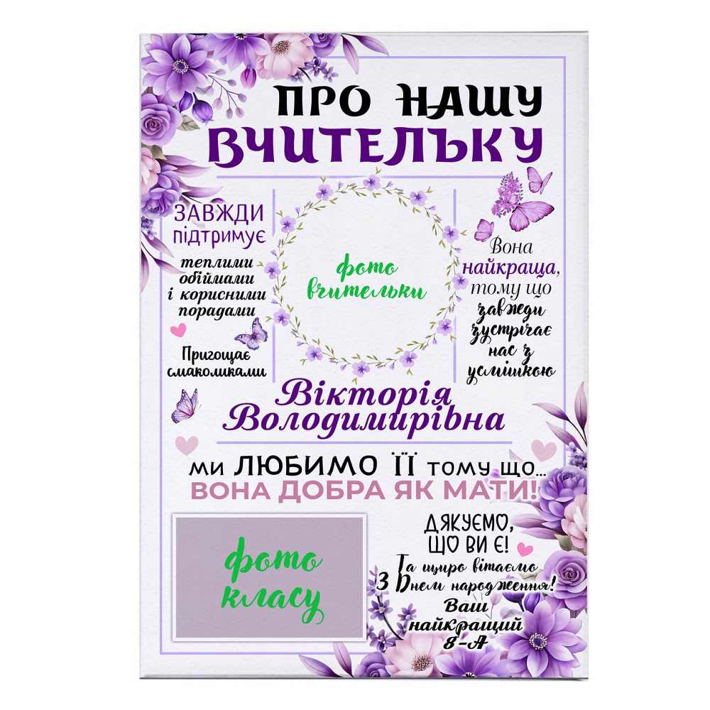 Іменна фотокартина на холсті з підрамником для вчительки “Про нашу вчительку” | Персоналізований подарунок від учнів Одеса - фото 1