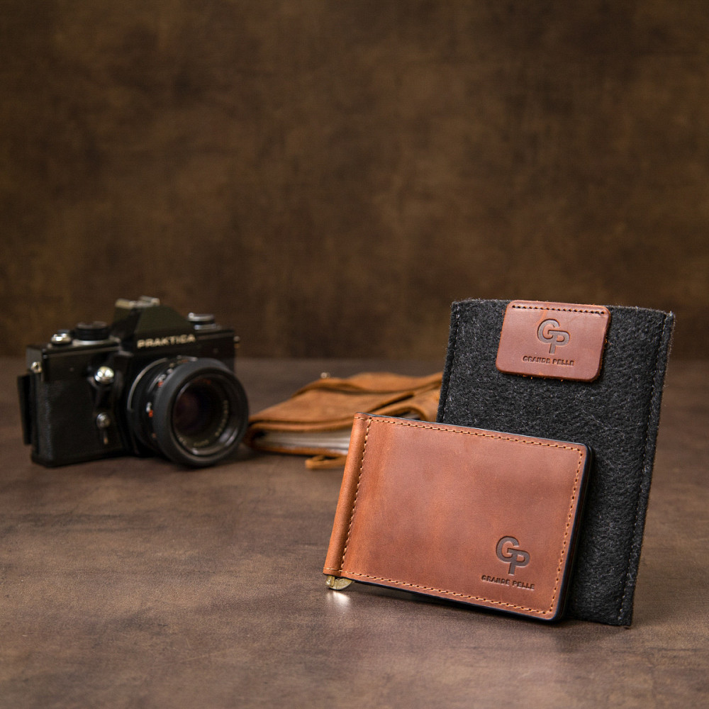 Чоловічий шкіряний вінтажний затиск GRANDE PELLE 11477 Коричневий Київ - фото 10