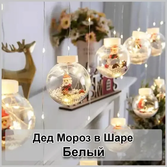 Гирлянда занавес штора Шары с наполнением Дед Мороз, 3м, 10 шаров LED USB Коломия