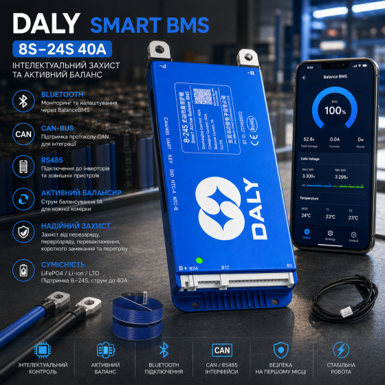Smart BMS DALY 8S–24S 40A LiFePO4/Li-ion/LTO | Bluetooth, CAN, RS485, активний балансир 1A, BalanceBMS Київ