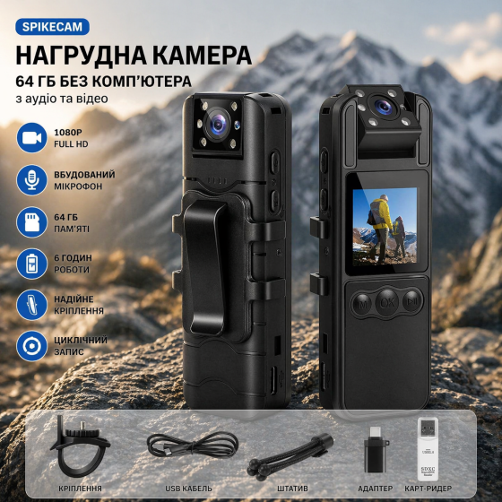 Нагрудна камера SPIKECAM Z9 64GB 1080P: Нічне бачення, SOS-сигнал, LCD-екран — Професійний відеореєстратор для безпеки та спорту Київ