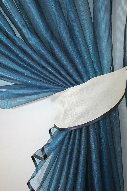 Кухонные шторки VR-Textil № 101к с подвязками молочный с синим 330х170 см (52-0309) Киев - изображение 3