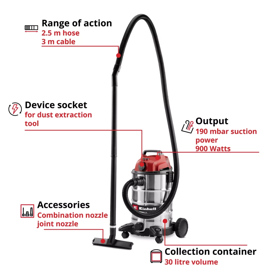 Мощный пылесос для влажной и сухой уборки Einhell TC-VC 3055 SA (2342250) Киев - изображение 3