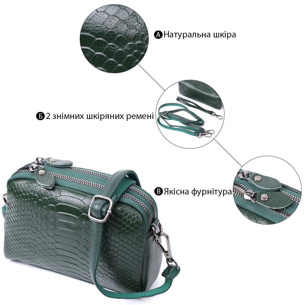 Женская компактная сумка на два отделения из натуральной кожи Vintage 22802 Зеленый Киев - изображение 4