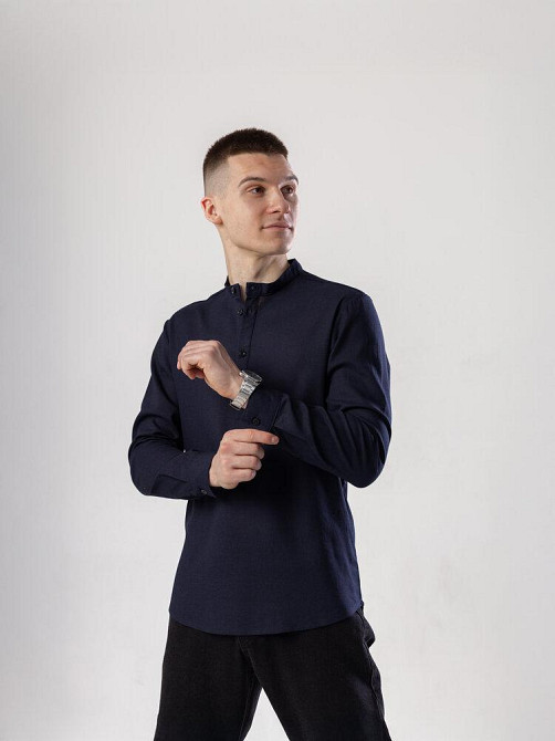 Рубашка из льна мужская синяя однотонная синяя. Рубашка casual на пуговицах синяя Pobedov Exlnt Киев - изображение 3