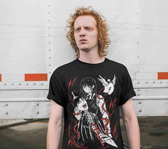 Футболка з аніме принтом Людина-бензопила оверсайз (S/M/L) Чорний AnimeJ0937 Дніпро