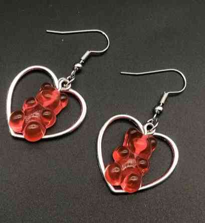 Серьги мармеладные мишки в сердечке красные - размер мишки 2,3*1,8см, смола Киев
