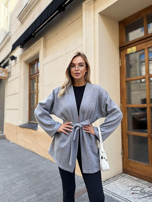 Жіночий теплий базовий кардиган із поясом турецька ангора-в'язка Сірий, 46/48 Одеса - фото 1