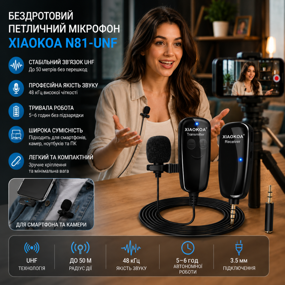 Беспроводной петличный микрофон XIAOKOA N81-UNF UHF, до 50 м, 48 кГц, 5–6 ч, для смартфона и камеры Киев - изображение 9
