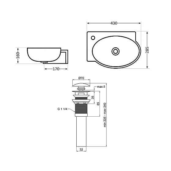 Комплект Qtap Leo: Раковина подвесная овальная левая 430x285x160 мм White + Донный клапан PU02O Киев