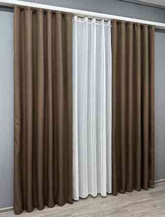 Комплект штор VR-Textil Лен Мешковина 100х270 2шт и Тюль 400х270 277ш-115т Коричневый с белым 71-015/2 Киев