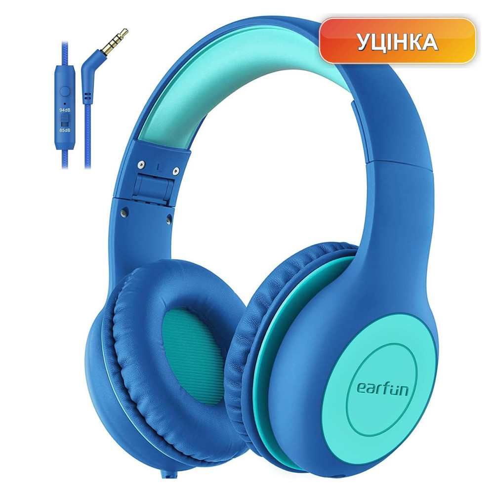 Навушники гарнітура дитячі накладні EarFun K1 3.5 мм дротові складні регульовані обмежувач 85/94 дБ синьо-зелені Київ - фото 1
