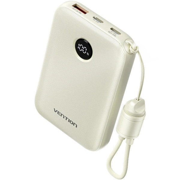 УМБ Vention 10000mAh 22,5W Fast Charging, USB-A, 2xUSB-C, with built-in USB-C cable, Beige Київ - фото 1