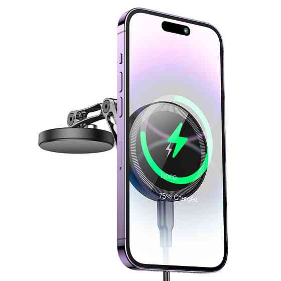 Тримач для мобiльного з БЗП HOCO HW26 Jacques metal magnetic wireless fast charging car holder Black metal gray (6942007623490) Київ