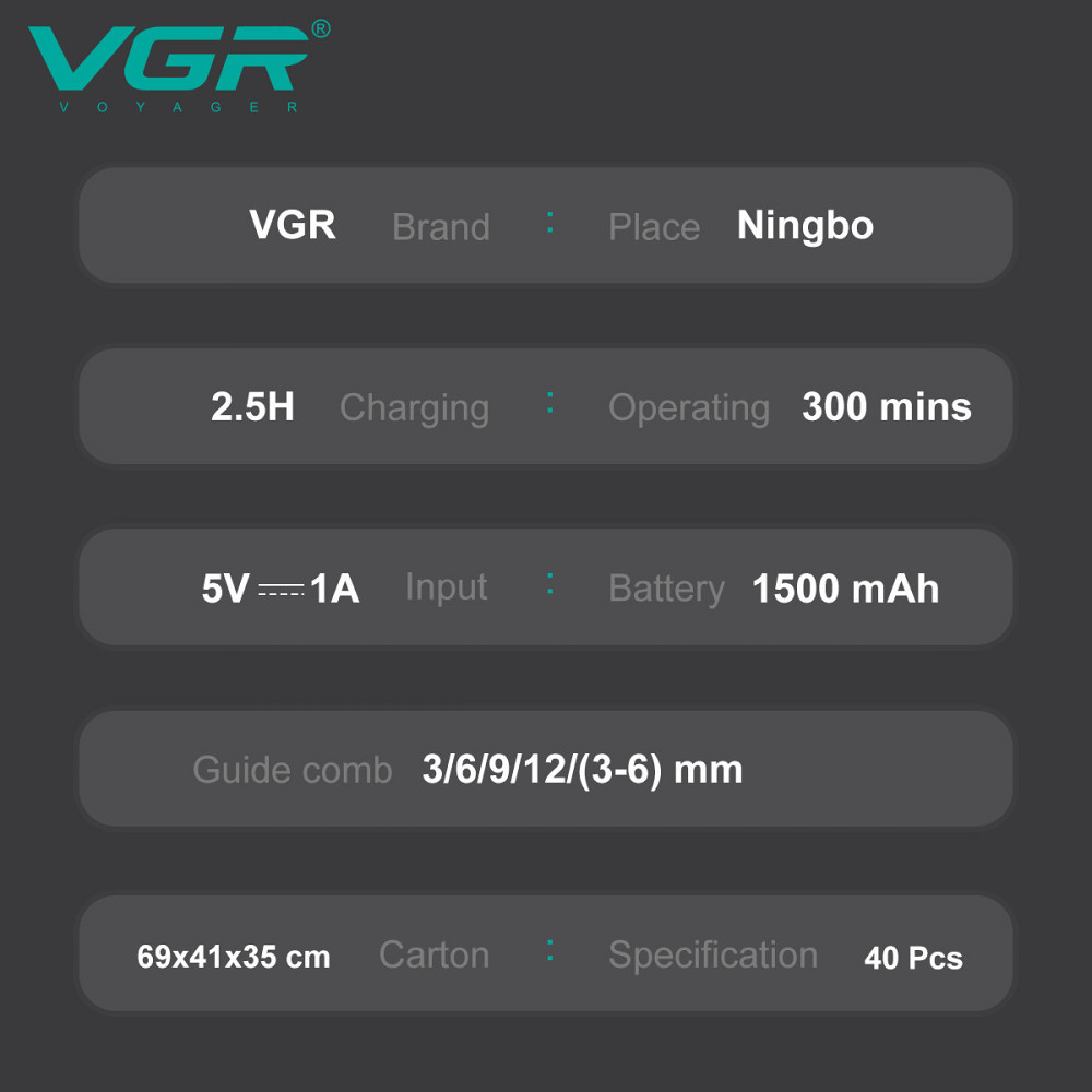 Машинка для стриження акумуляторна VGR V-111 для бороди носа та вух і підставка (9 насадок) Вінниця - фото 6