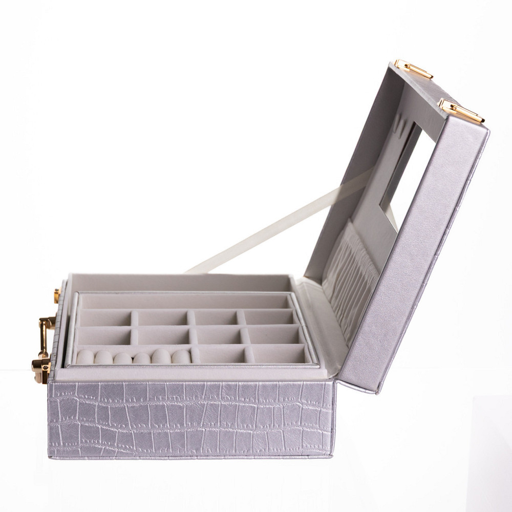 Скринька для прикрас з еко шкіри 19 відділень з дзеркалом 23.5×14×8 см Сірий HP-5-20G Київ - фото 7