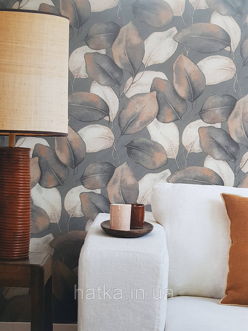 Обои виниловые на флизелиновой основе Rasch Incanto 1.06х10 листья крупные черные серые терракотовые Киев - изображение 1
