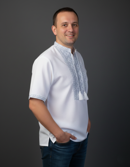 Мужская белая вышиванка серый орнамент Скрипка короткий рука Киев - изображение 2