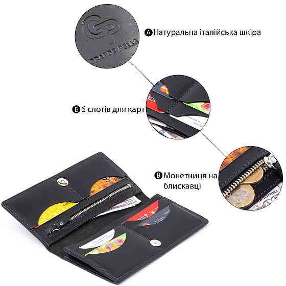 Вертикальный бумажник матовый на магнитной кнопке GRANDE PELLE 11313 Черный Киев
