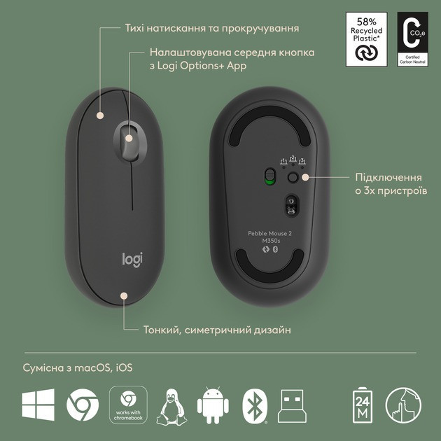 Комплект бездротовий (клавіатура, миша) Logitech Pebble 2 Combo Graphite (920-012239) Чорний Харків - фото 9
